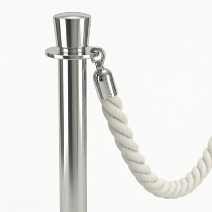 Close-up of white braided rope and chrome hook on a COCUS stainless steel barrier post