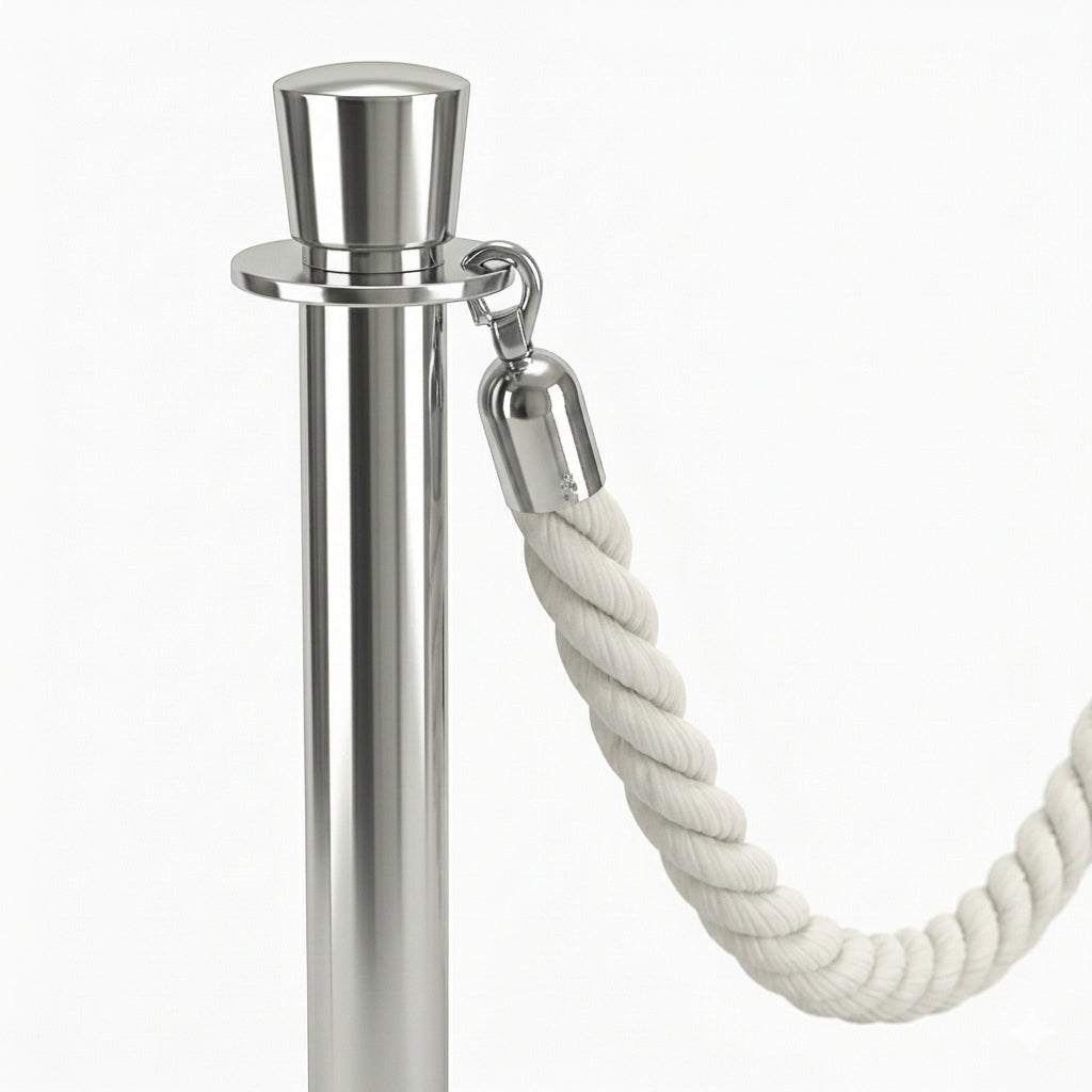 Close-up of white braided rope and chrome hook on a COCUS stainless steel barrier post