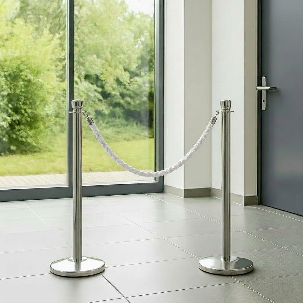 COCUS white braided rope barriers set up in a modern entrance