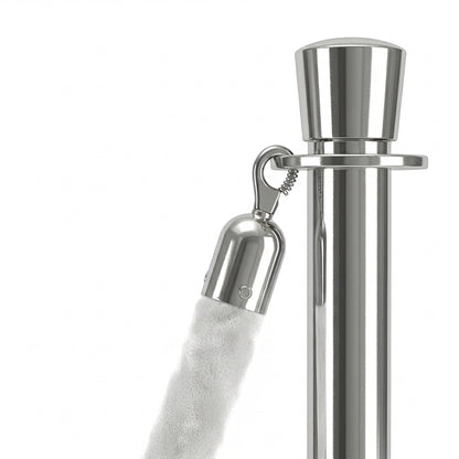 Close-up of white velvet rope and chrome hook on a COCUS stainless steel barrier post
