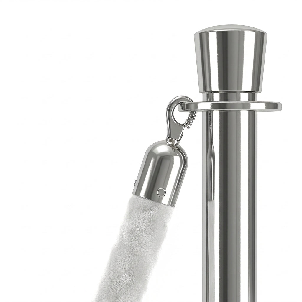 Close-up of white velvet rope and chrome hook on a COCUS stainless steel barrier post
