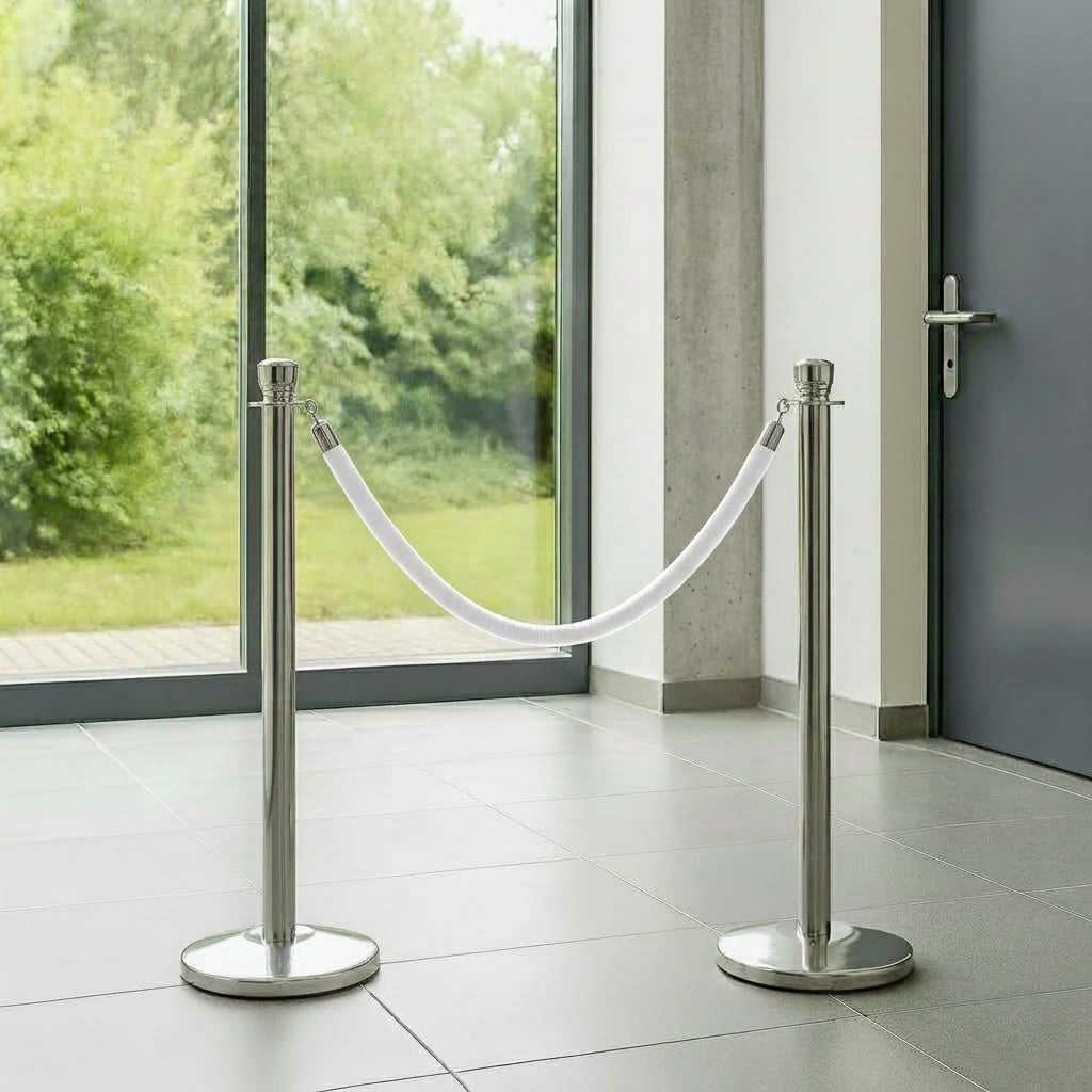 COCUS white velvet rope barriers set up in a modern entrance