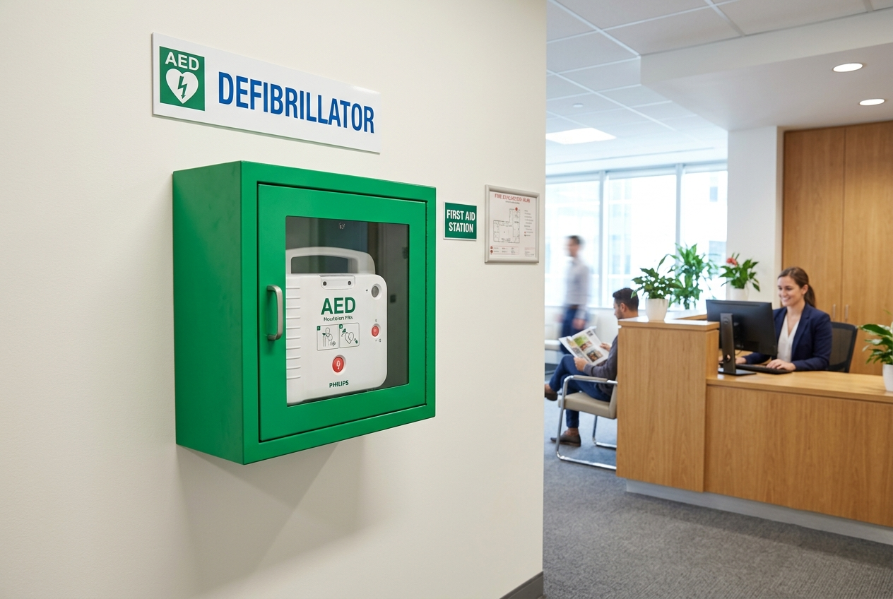 AED defibrillator unit mounted in a green wall cabinet in an office reception area