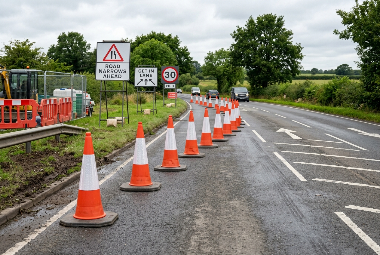 Orange and white Chapter 8 traffic cones with reflective sleeves at a UK roadworks site
