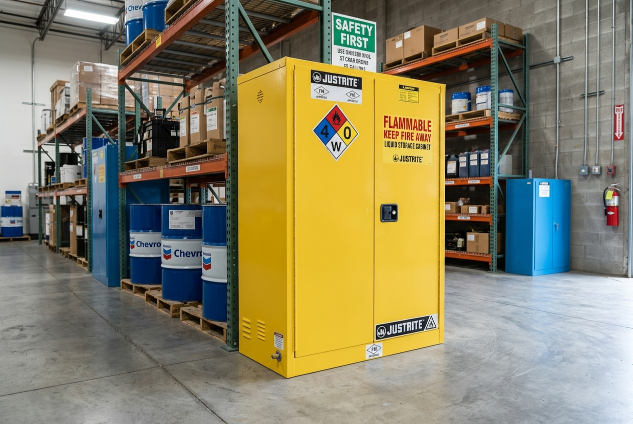 Yellow flammable liquid storage cabinet with hazard diamond label in a warehouse storage room