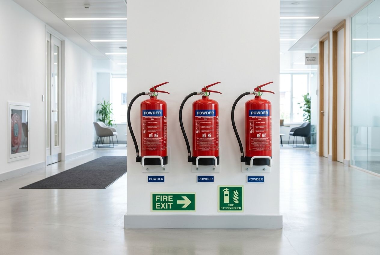 Three red fire extinguishers on wall-mounted stands in a UK office corridor