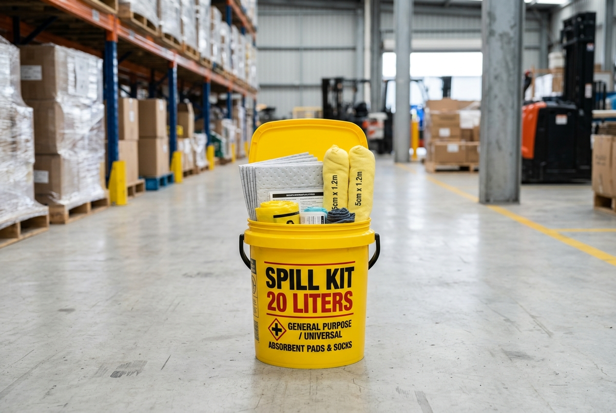 Yellow 20-litre general purpose spill kit bucket with absorbent pads and socks in a warehouse